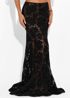 Black Amira floral maxi skirt by 64b136-1e, flowing fabric with a floral pattern, full-length bottom for a stylish look.