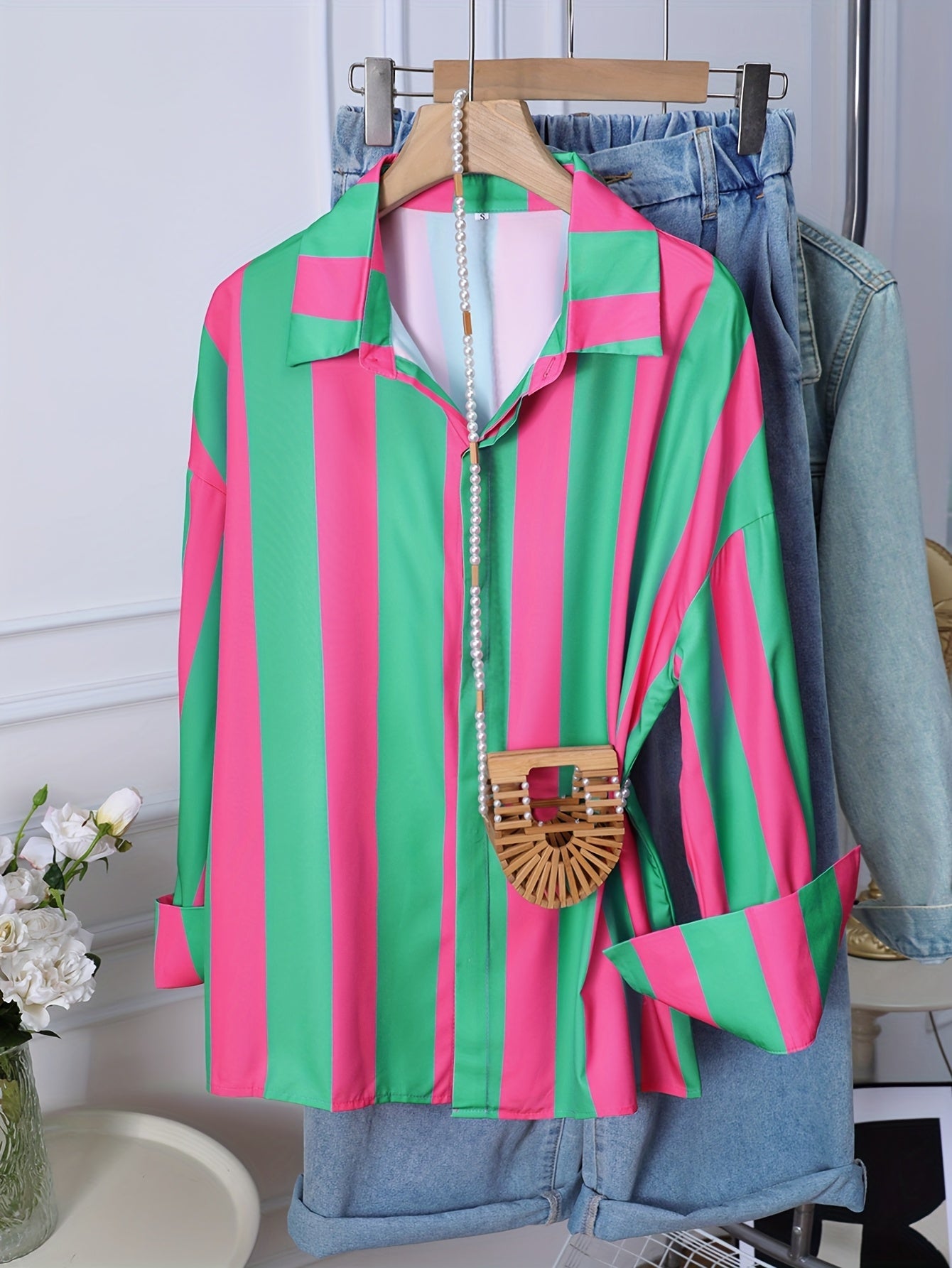 Summer Solstice PinkGreen Stripe Print Womens Shirt