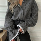 Elegant heart print autumn blouse with ruffled sleeves, from 64b136-1e, featuring a stylish tops design in a chic fall style.