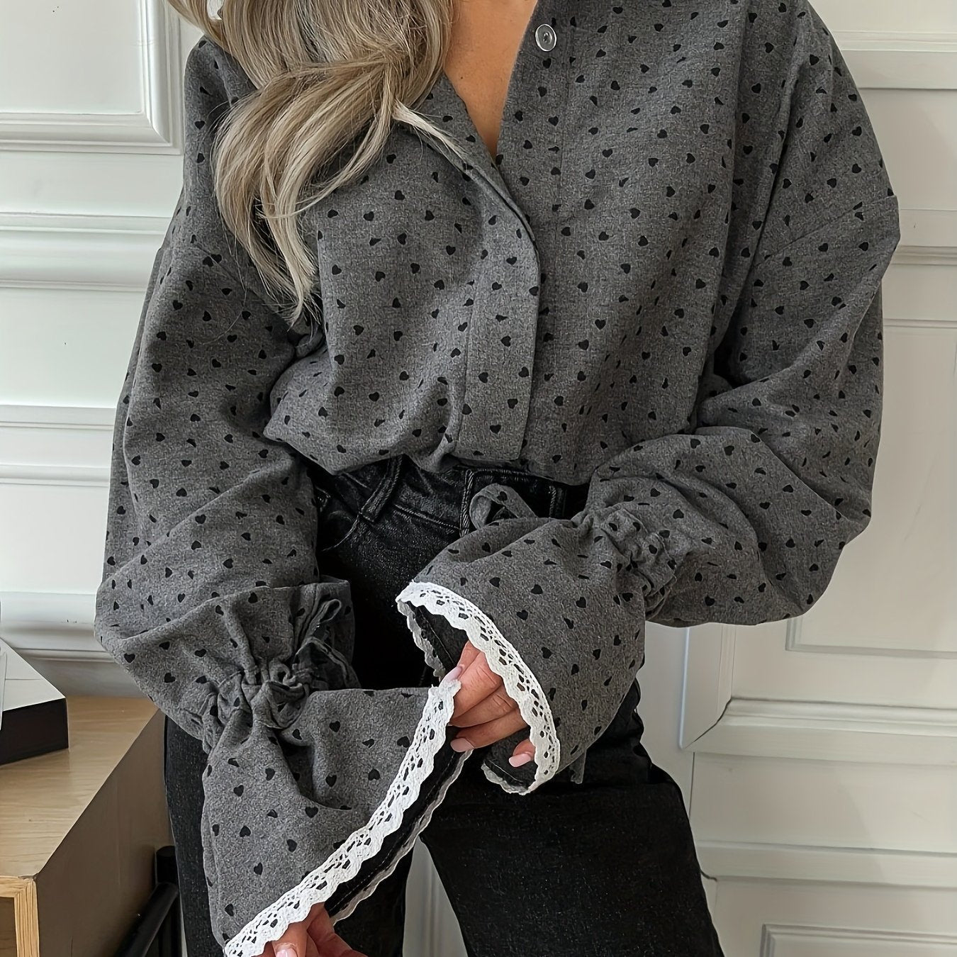 Elegant Heart Print Ruffled Sleeve Autumn Blouse