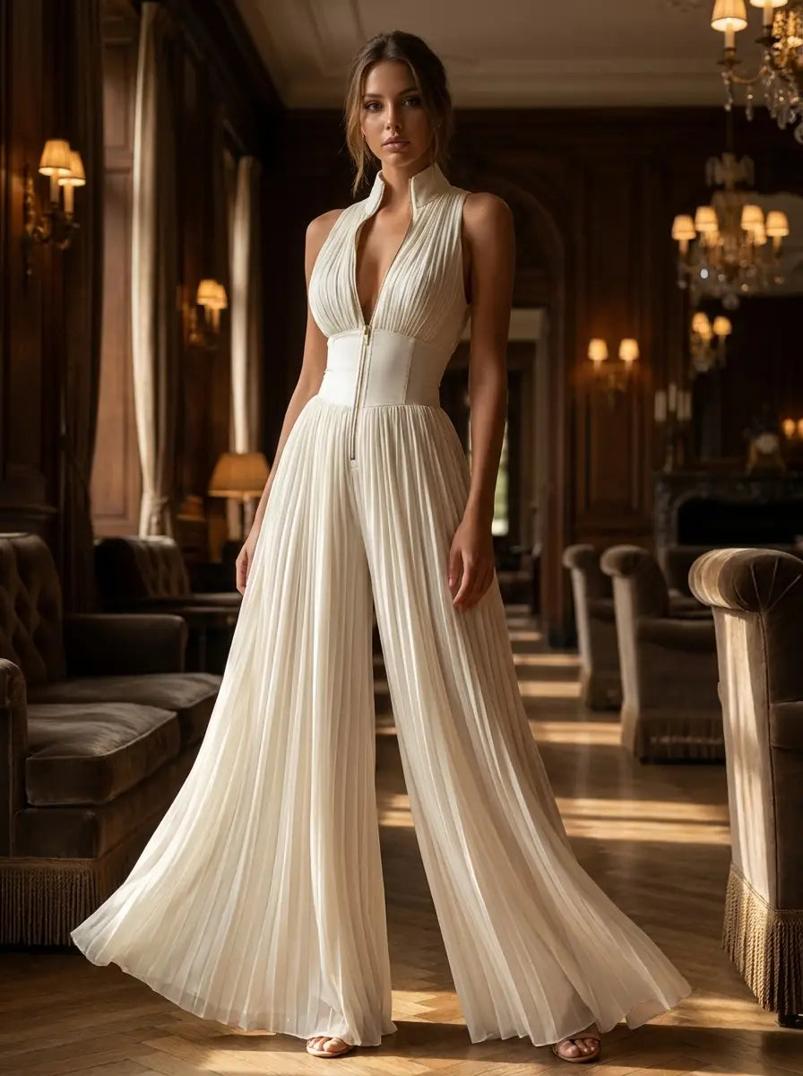Ivory Pleated Evening Jumpsuit