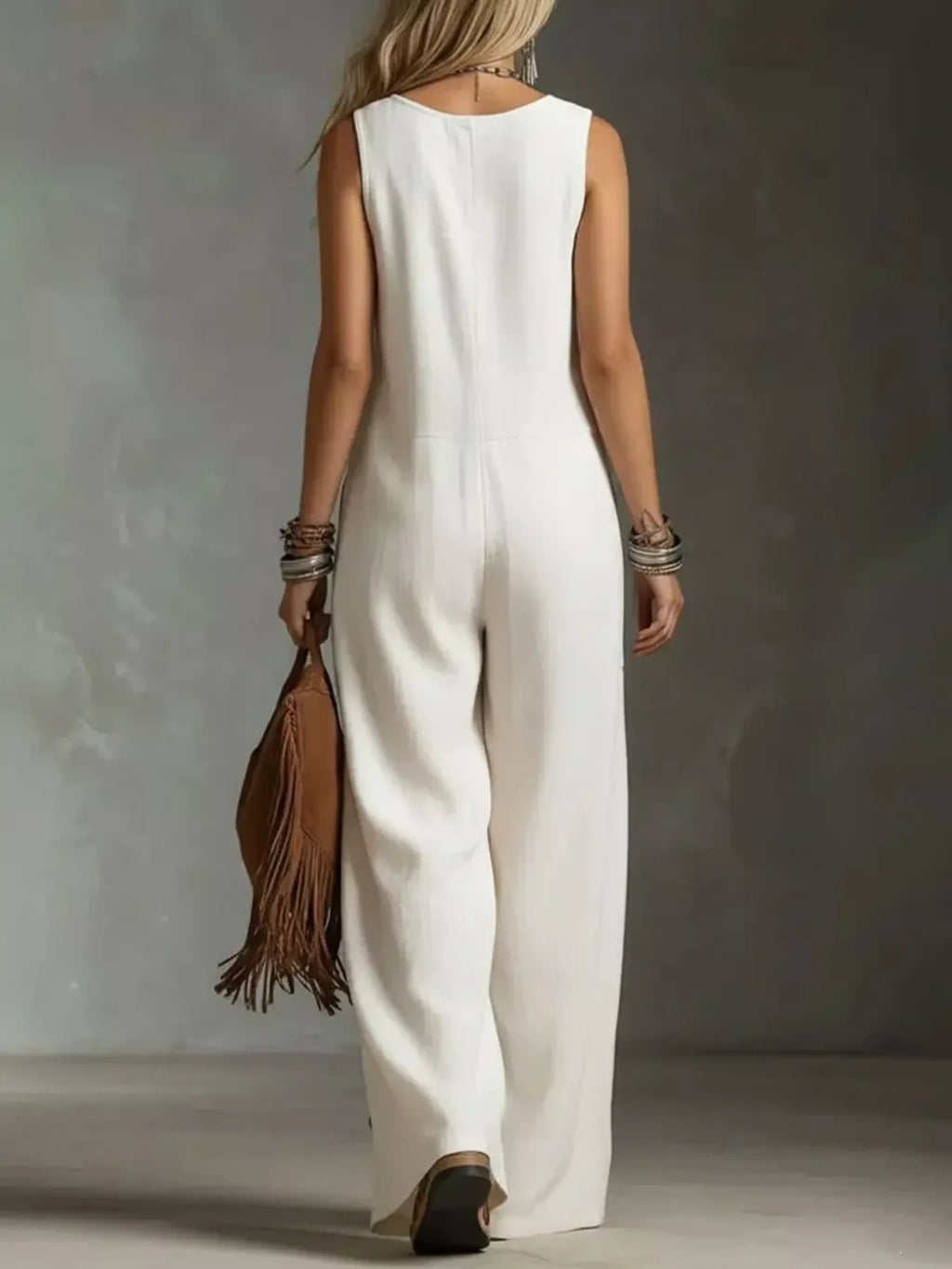 Sleeveless Button-Front Wide-Leg Jumpsuit