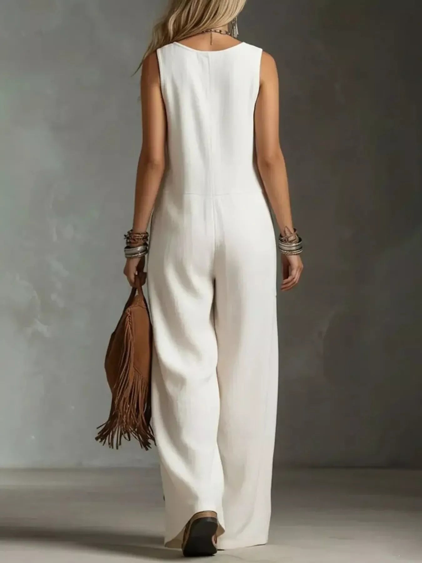 Sleeveless Button-Front Wide-Leg Jumpsuit