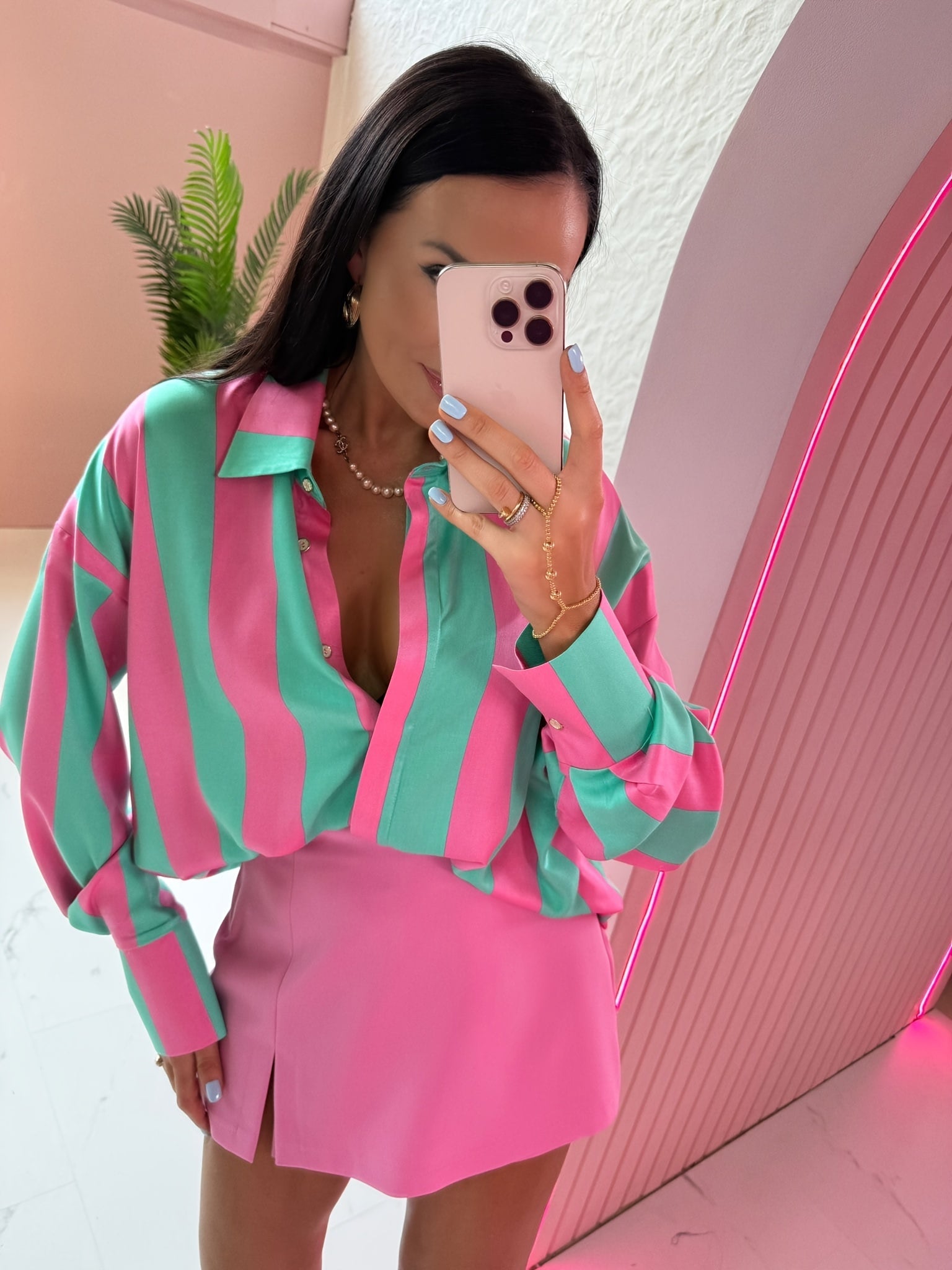 Summer Solstice PinkGreen Stripe Print Womens Shirt