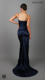 Crave - Navy Satin Corset Formal Dress with Leg Split