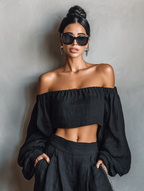 Women's Minimalist Linen Blend Strapless Long-sleeved Blouse And Wide-leg Pants Set MDA1900L7Y