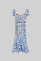 Short Sleeved Lace Dress With Delicate Matching Waist Belt - Blue