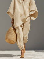 Women's Neutral Linen Set With Asymmetric Hem & Minimalist Design, Sophisticated Daily-Casual Style Set MDZ0501B3I