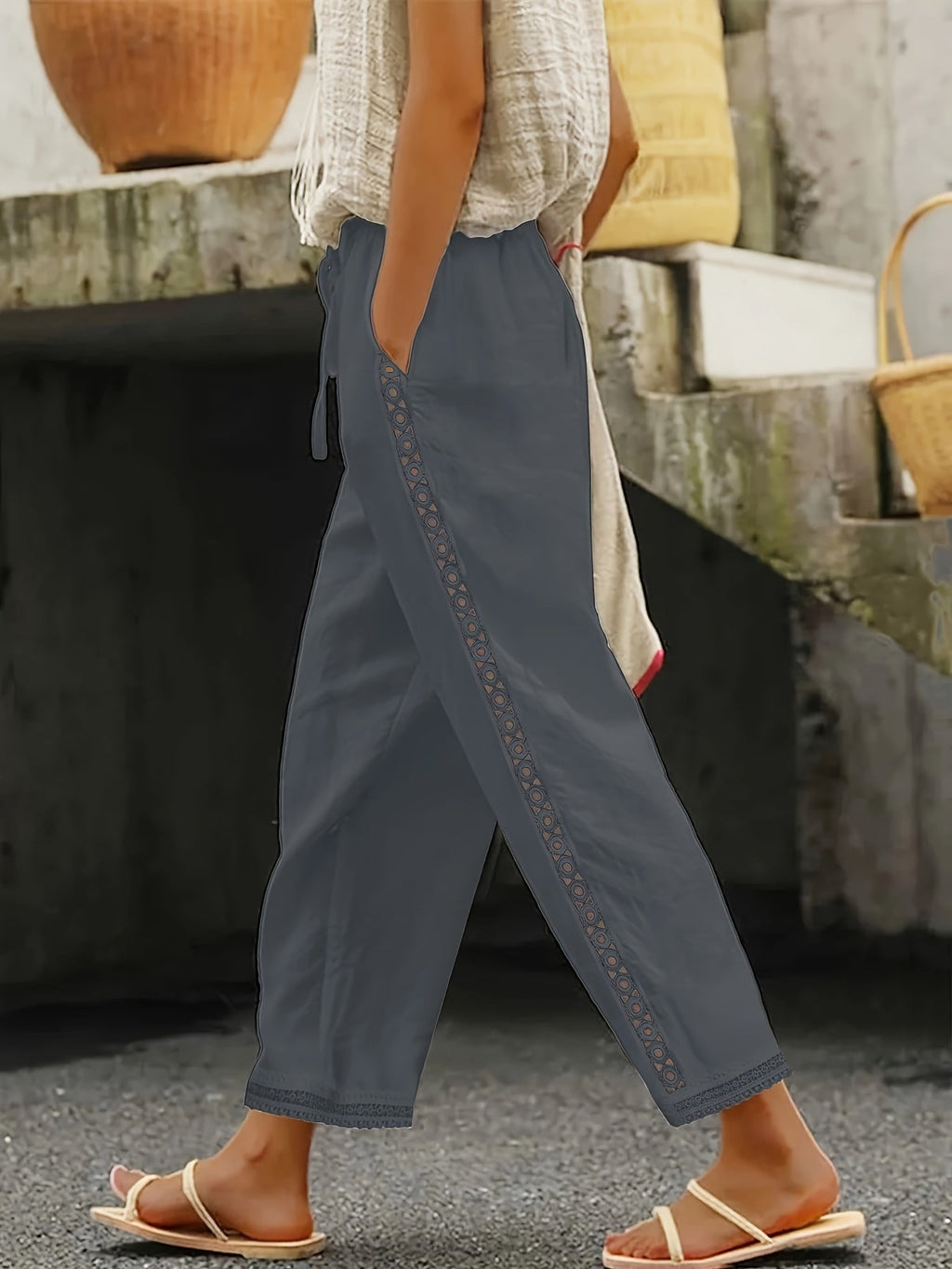 Chic Lace Patchwork Solid Ankle Pants