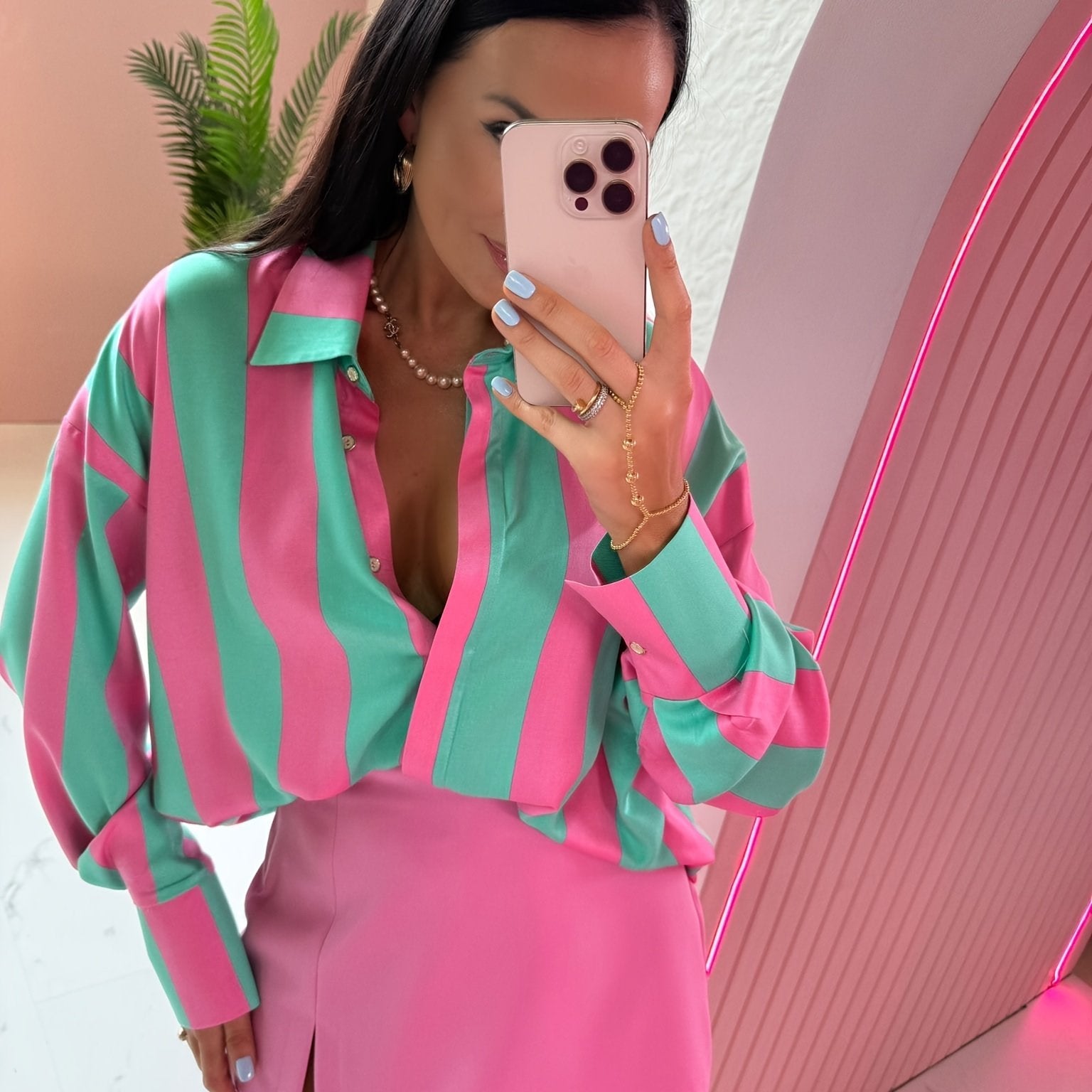 Summer Solstice PinkGreen Stripe Print Womens Shirt