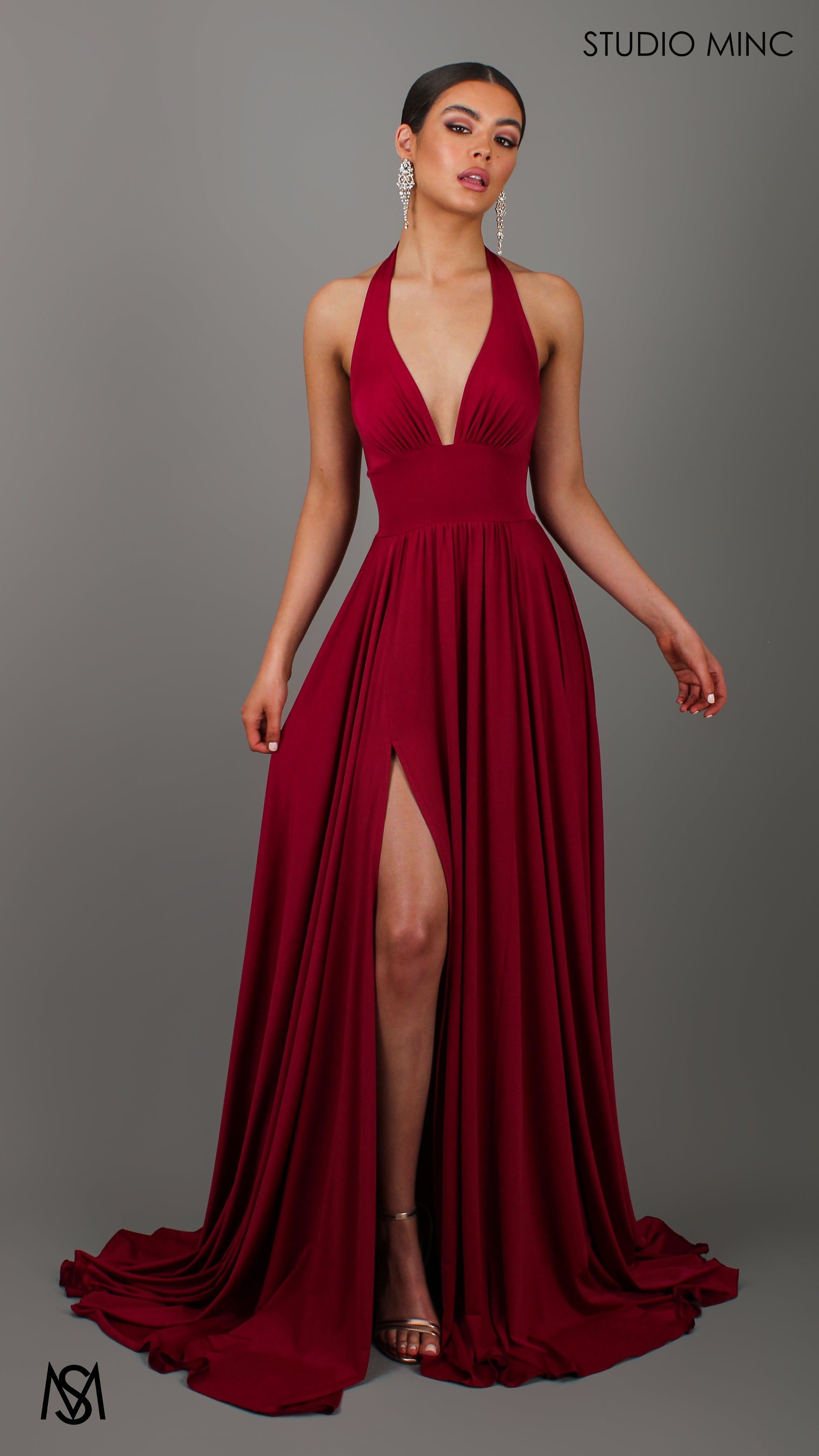 LOVE - Ruby Red Flowy Formal Dress with Plunge Neckline & Leg Split