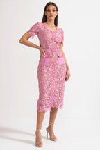 Exquisite Short Sleeve Lace Midi Dress - Rose