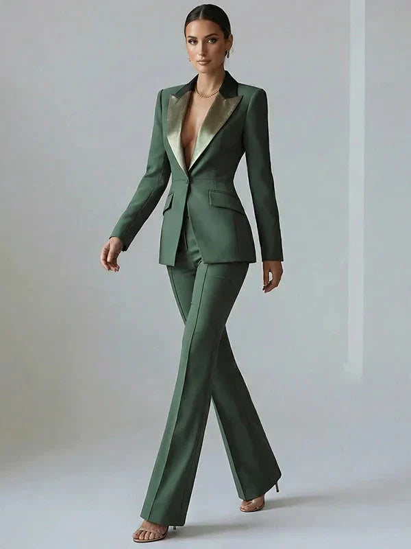 Vivienne | Satin Lapel Flared Suit Two-Piece Set