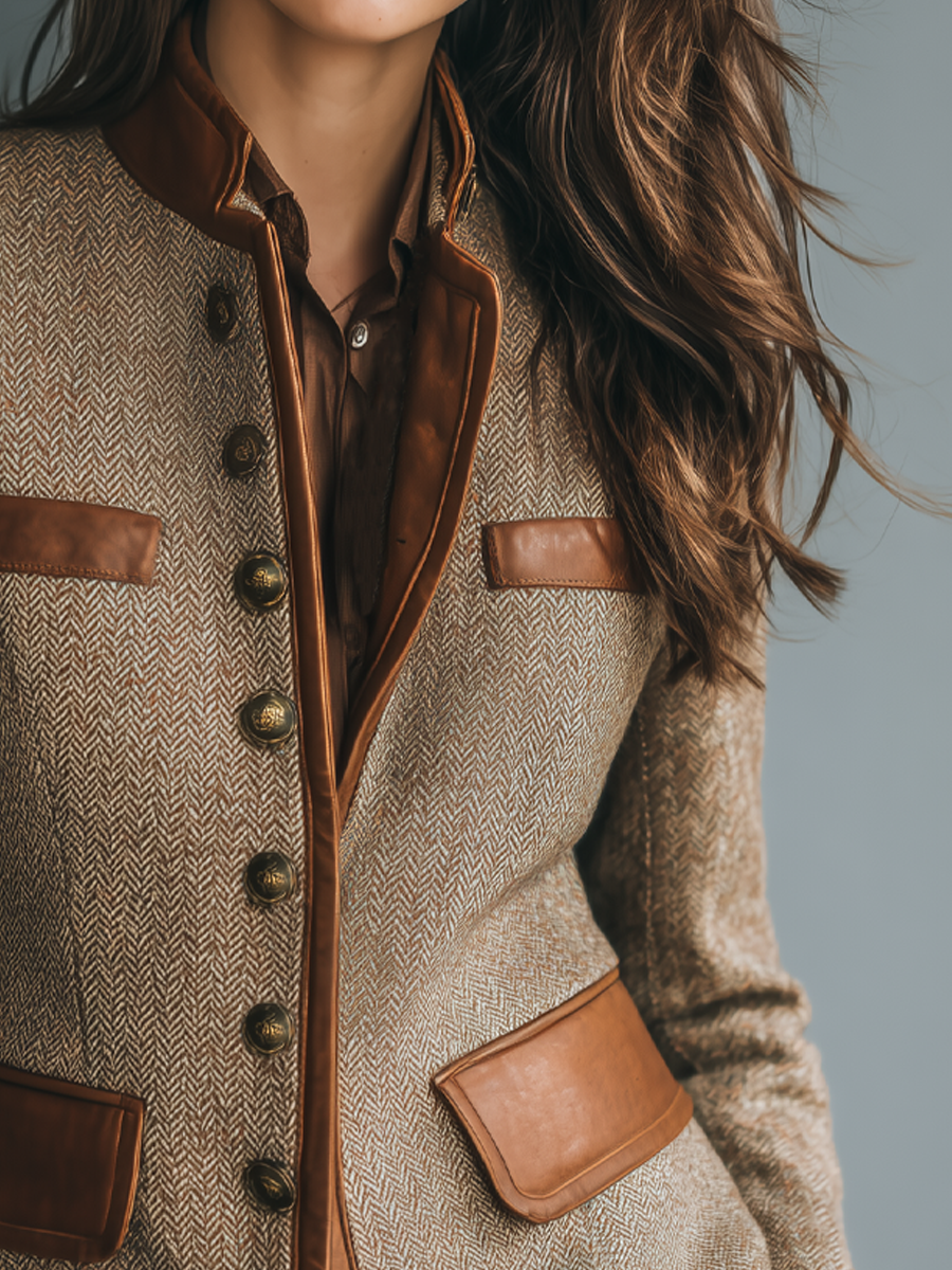 Vintage Leather Trim Pocket Tweed Jacket
