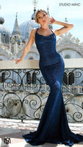 AURA - Navy Blue Shimmer Figure Flattering Formal Dress with Cowl Neckline