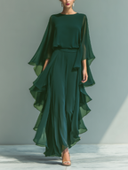 Women's Navy Blue Chiffon Top With Flared Sleeves And Straight-leg Trousers Set With Ruffled Details MDZ2218A5T