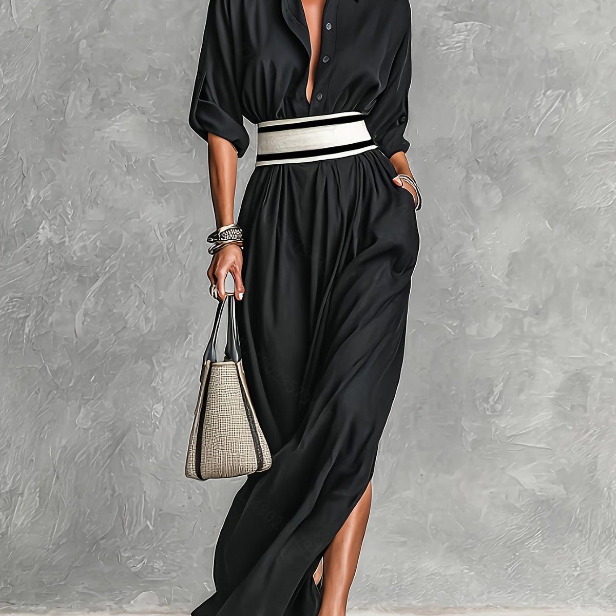 French Belted High-Slit Dress