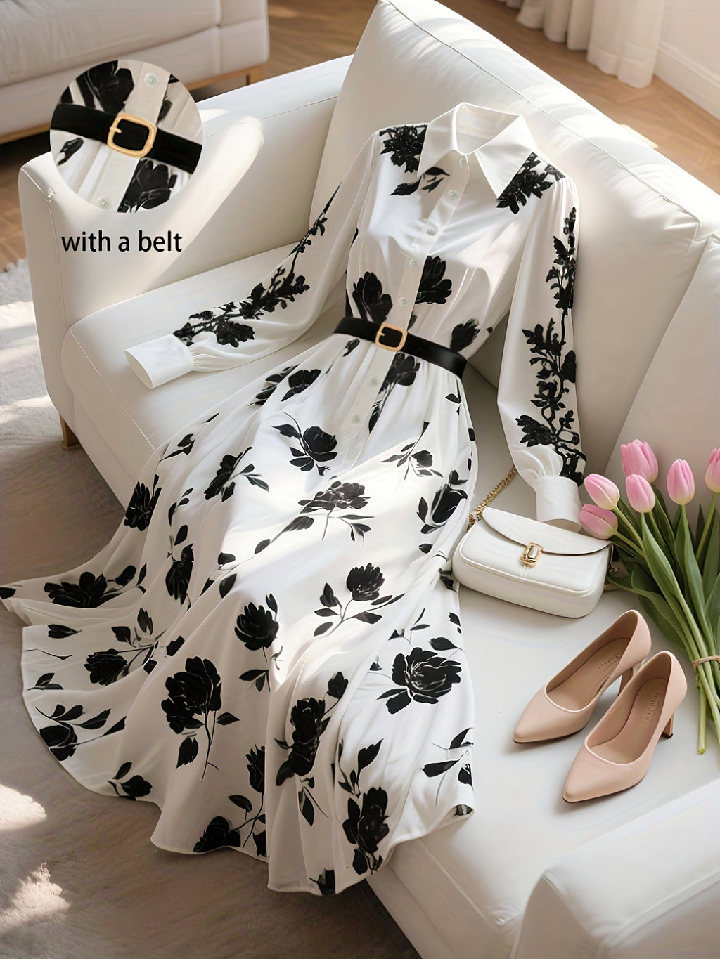 French Floral Belted Maxi Dress