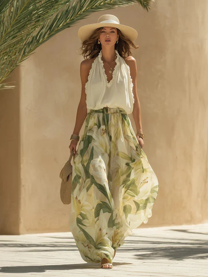 Lily | Ruffled Chiffon Top Printed Pants Set