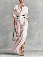 French Belted High-Slit Dress by 64b136-1e featuring a flowy silhouette and a stylish high slit, perfect for elegant occasions.