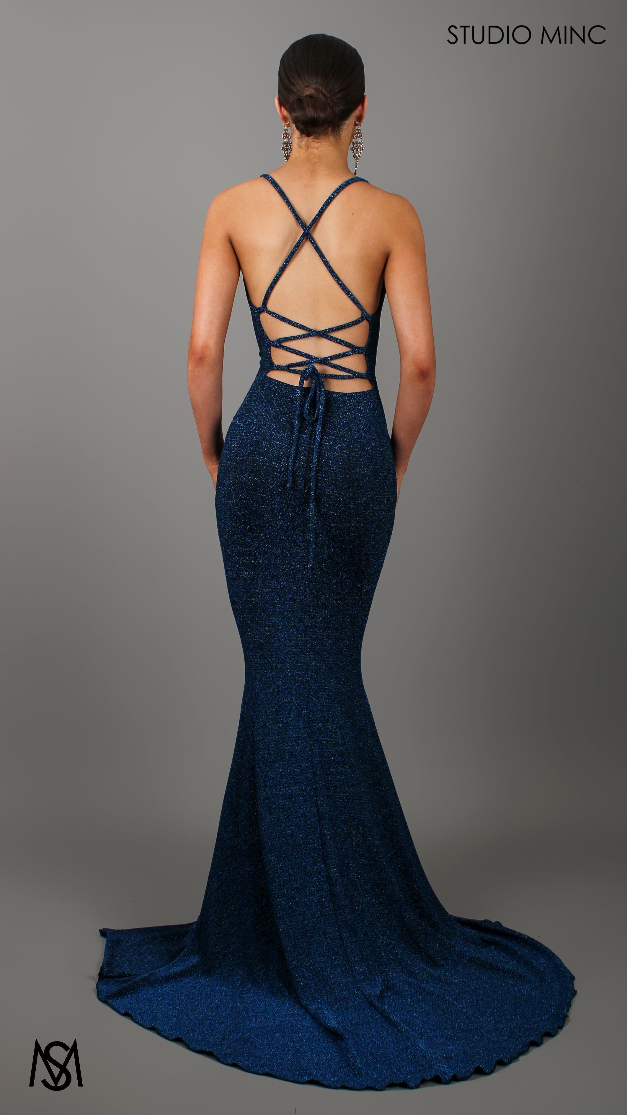 AURA - Navy Blue Shimmer Figure Flattering Formal Dress with Cowl Neckline