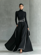 Women's Black Stitching White Trim High Collar Long Sleeve Tight Belt Maxi Dress MDA1031G0Y