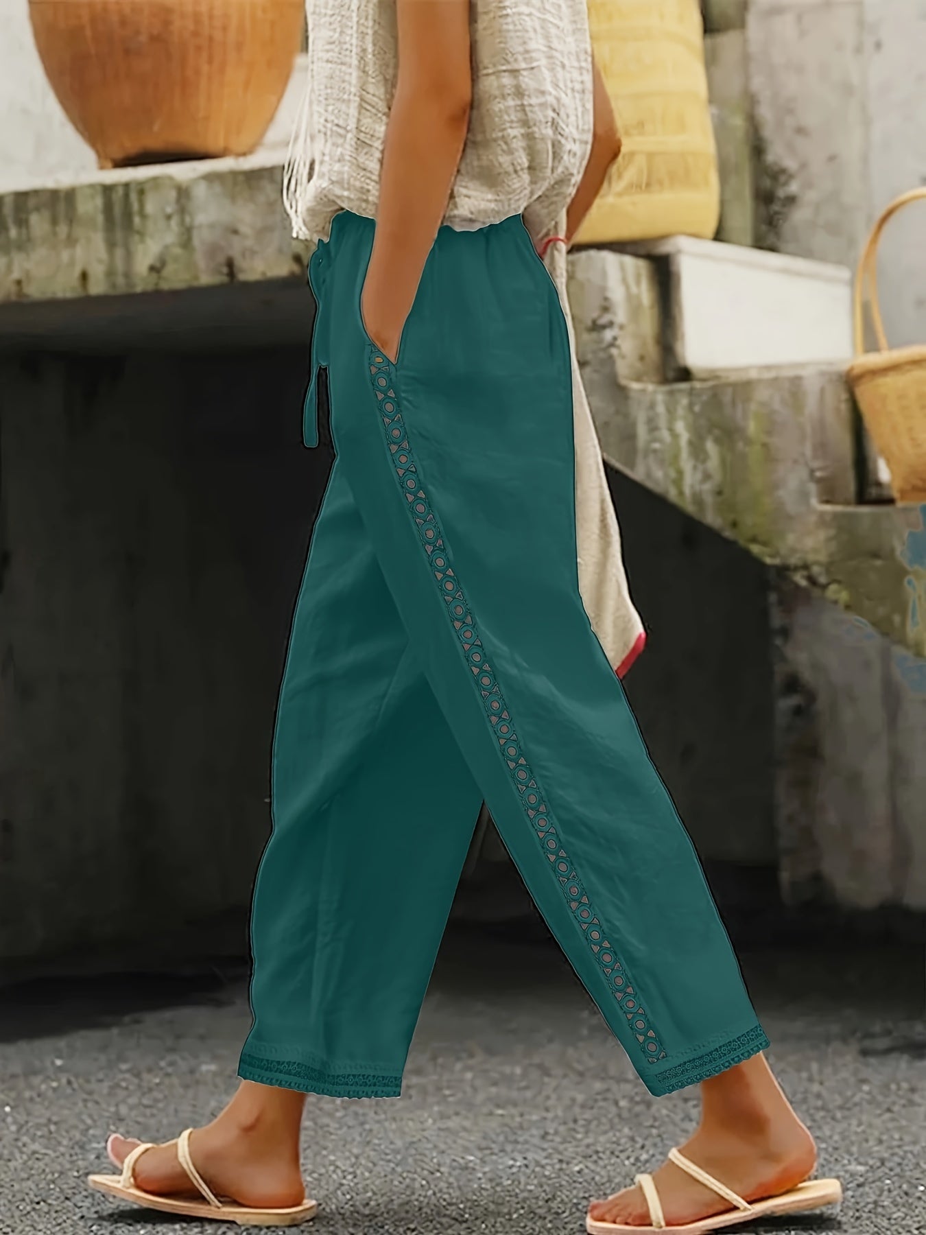 Chic Lace Patchwork Solid Ankle Pants