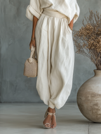 Linen Off-shoulder Casual Top And Tapered Pants Set