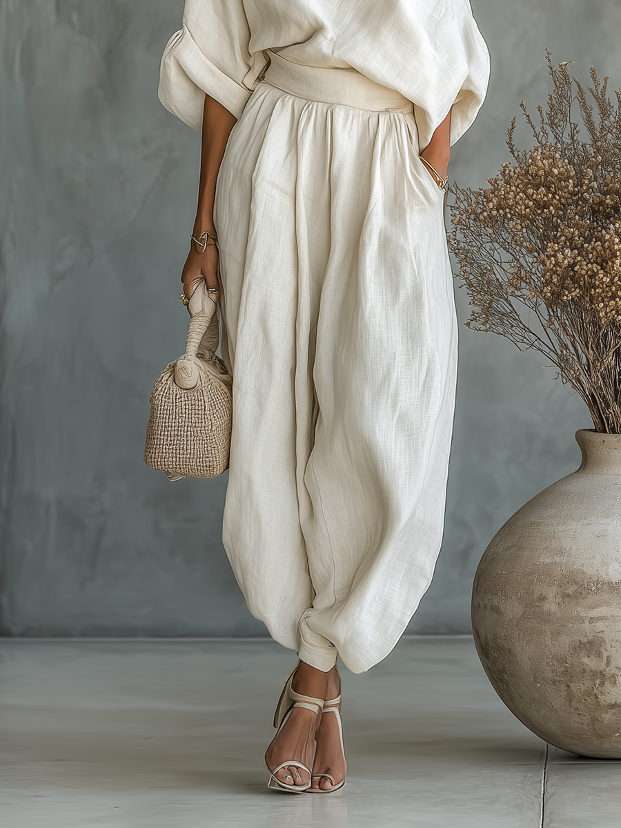 Linen Off-shoulder Casual Top And Tapered Pants Set