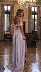 CRUSH - Champagne Gold Sequin Formal Dress with Corset & Arm Drapes