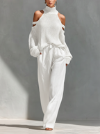 Women's Beige Knit Fabric Cold-Shoulder Turtleneck Top & Wide-Leg Pants Set MDZ0984A5T