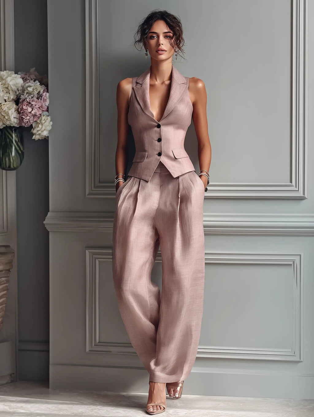 Lily | Linen Vest Wide-Leg Pants Set