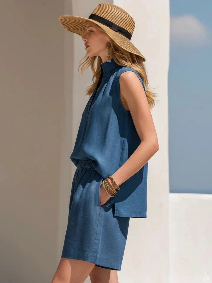 Azure | Tencel V-Neck Top Shorts Set