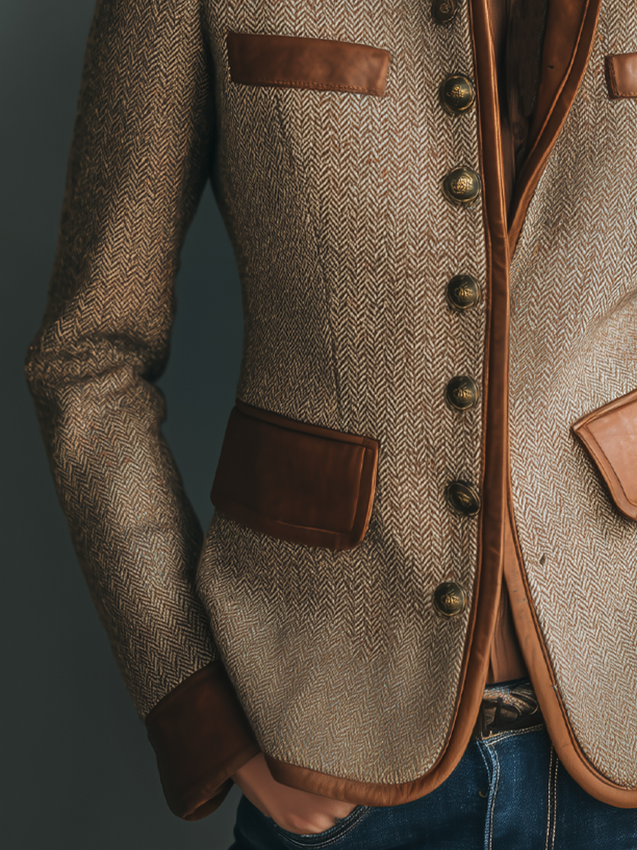 Vintage Leather Trim Pocket Tweed Jacket