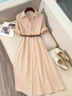 Striped belted shirt dress from 64b136-1e featuring a classic collar, long sleeves, and a waist belt for a stylish look.