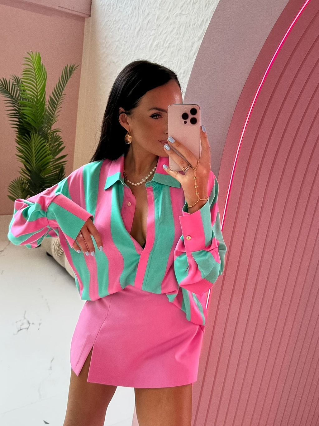 Summer Solstice PinkGreen Stripe Print Womens Shirt