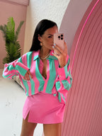 Pink and green striped women's summer top by 64b136-1e, featuring a lightweight breathable fabric and a stylish casual fit.