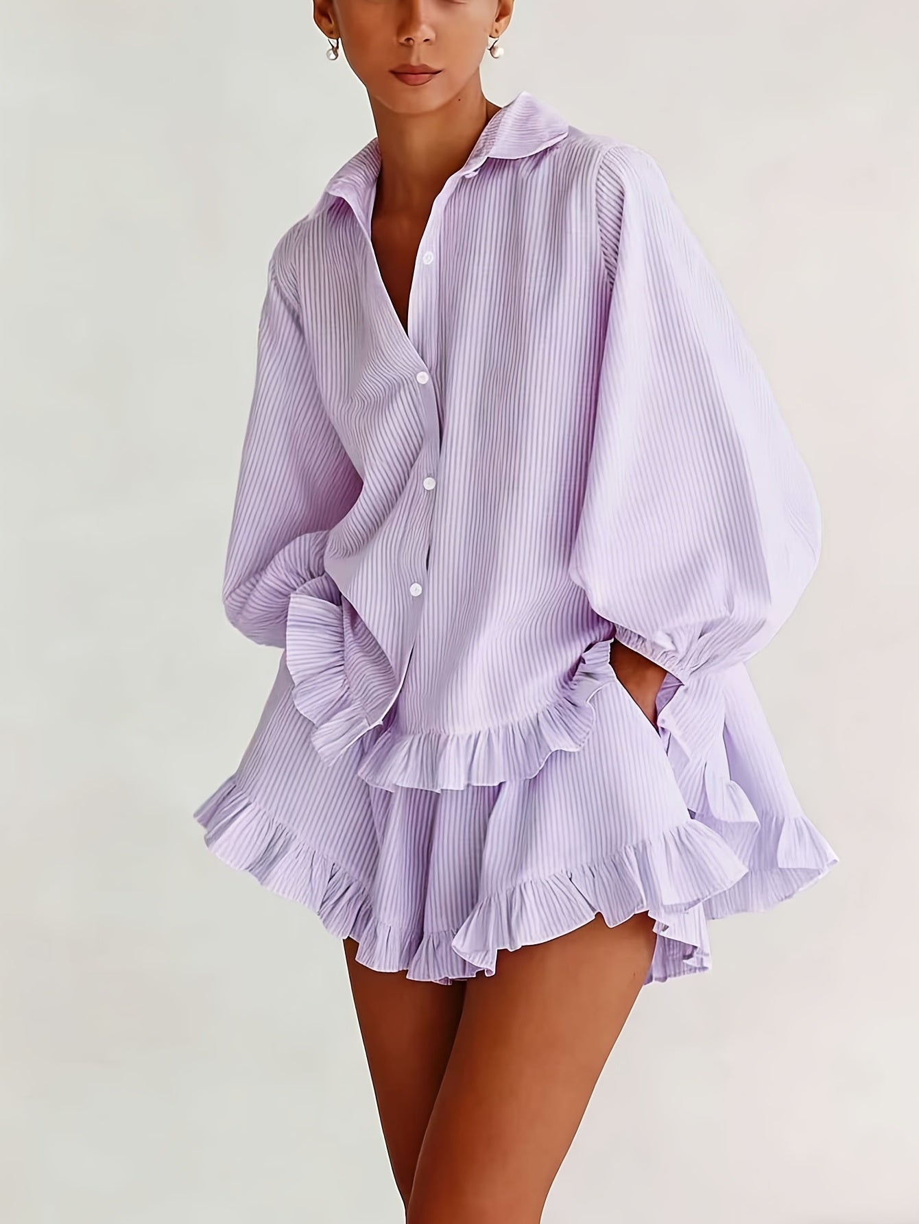 Striped Puff Sleeve & Shorts Set