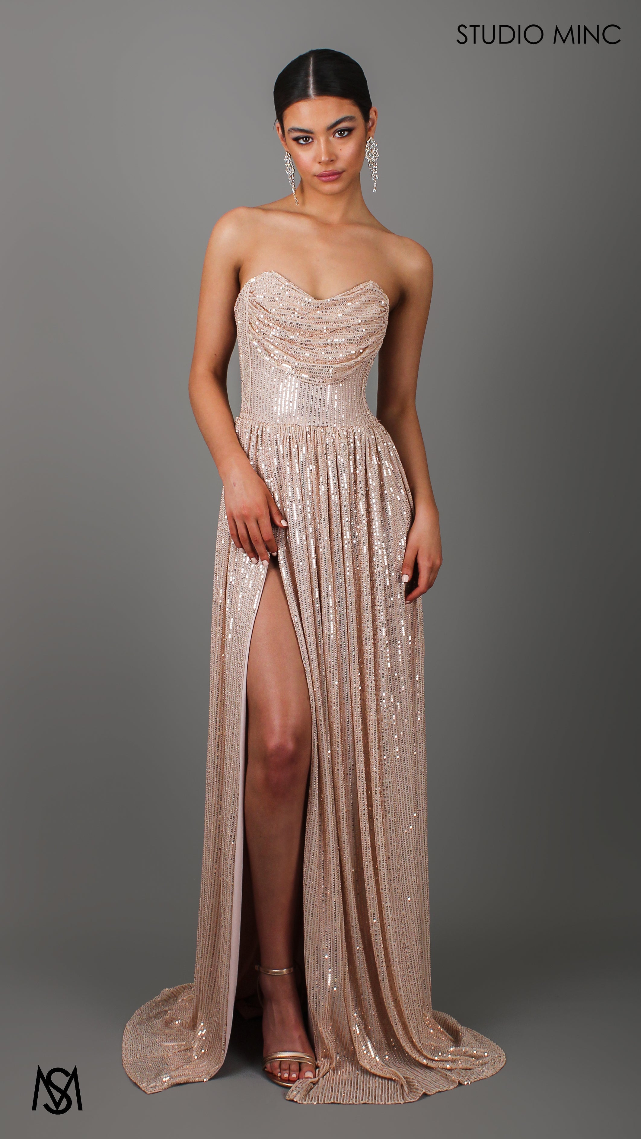 CRUSH - Champagne Gold Sequin Formal Dress with Corset & Arm Drapes