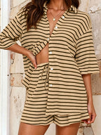 Striped button-up shirt and shorts loungewear set from 64b136-1e, featuring casual, comfortable design with vertical stripes.