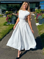 Polka dot A-line maxi dress from 64b136-1e featuring a flowy silhouette and classic pattern, styled for casual or formal wear.