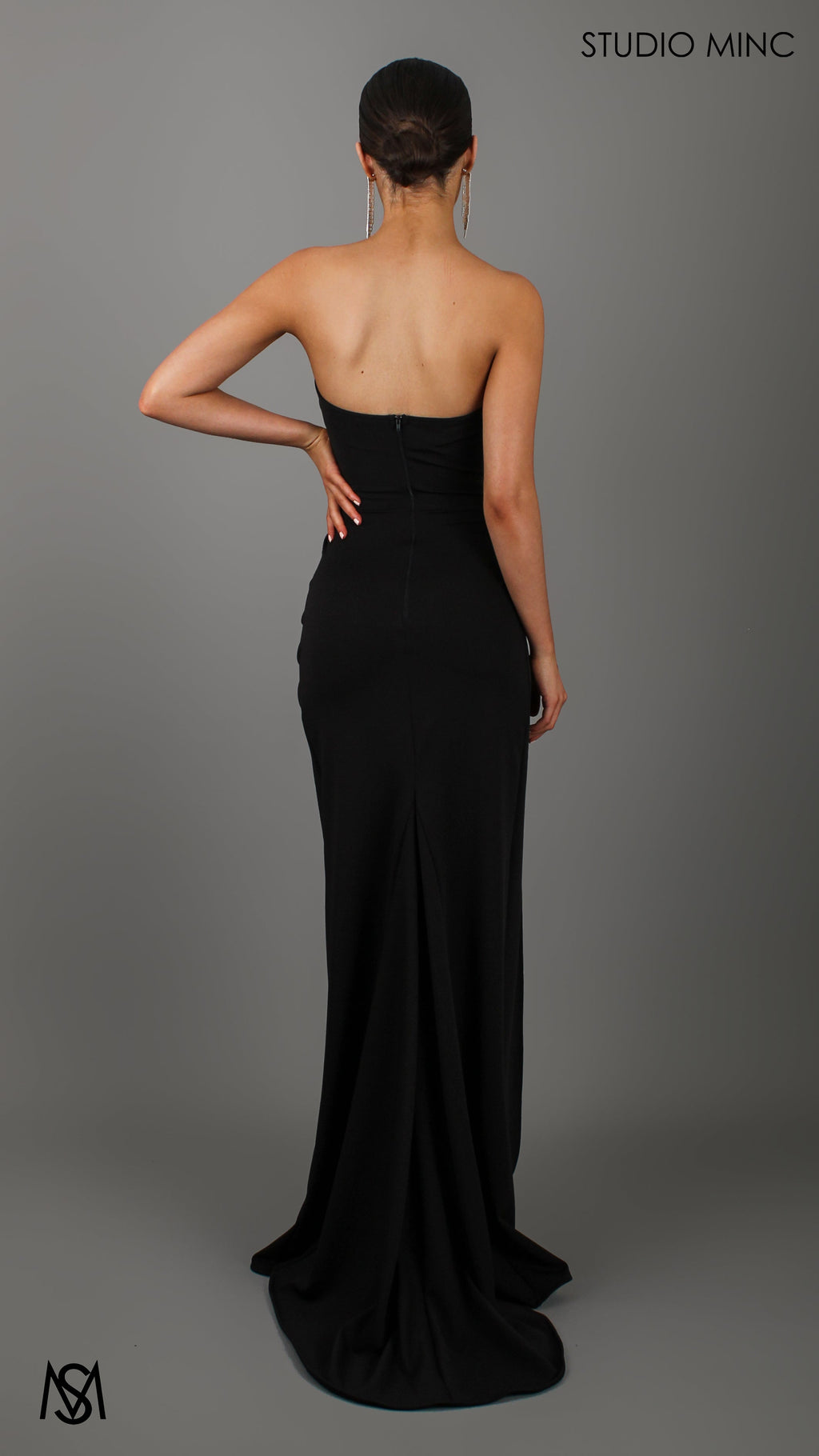 EGO - Black Strapless Formal Dress with Leg Split and Corset Bodice