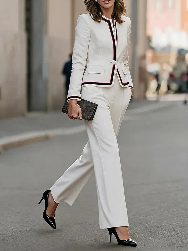 Celine | Contrast Piping Stand Collar Blazer Trouser Set
