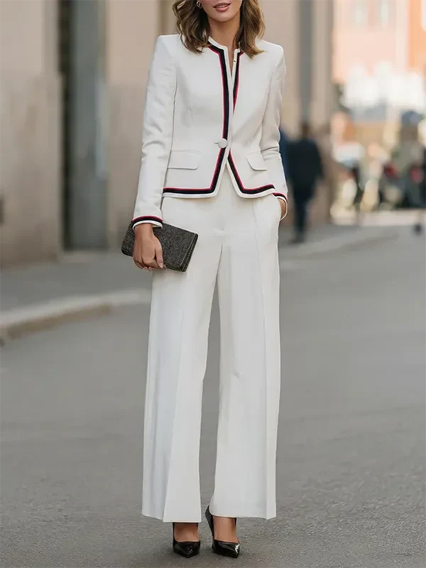 Celine | Contrast Piping Stand Collar Blazer Trouser Set