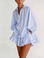 Striped puff sleeve top and shorts set from 64b136-1e, featuring a stylish matching design and comfortable fit.