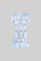 Short Sleeve Embroidered Floral Dress - Blue
