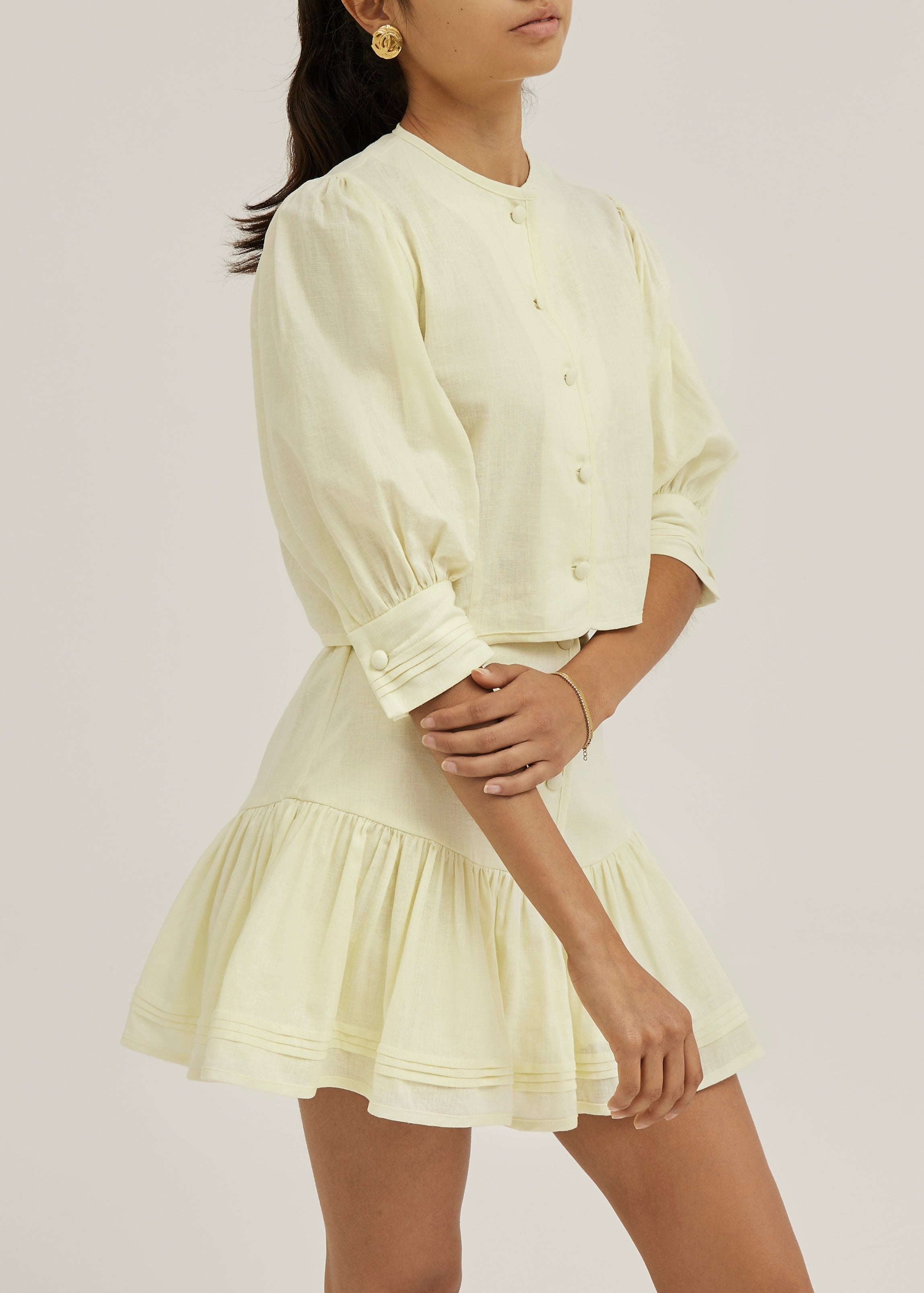 Laney Tiered Linen Frill Set | Pastel Lemon