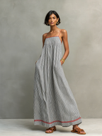 Women's Minimalist Striped Maxi Dress With Red Trim And Spaghetti Straps MDZ2710C3Y