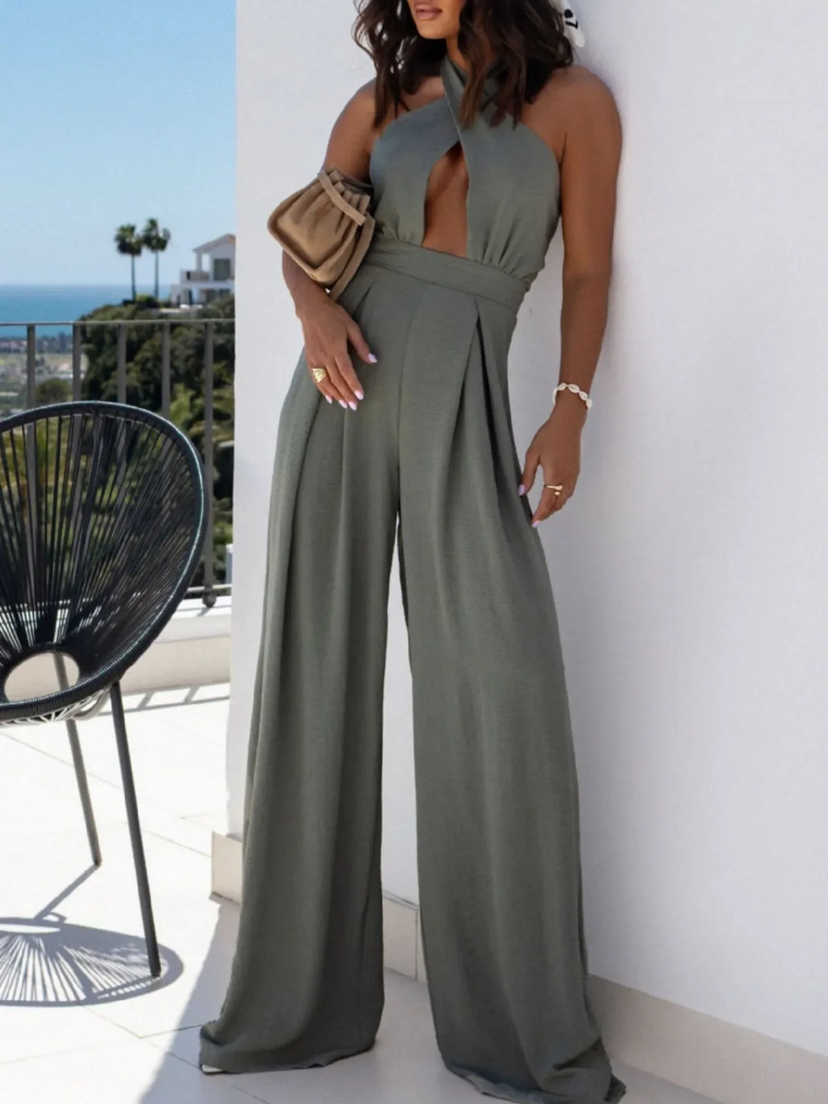 Wide Leg Cutout Halter Neck Jumpsuit