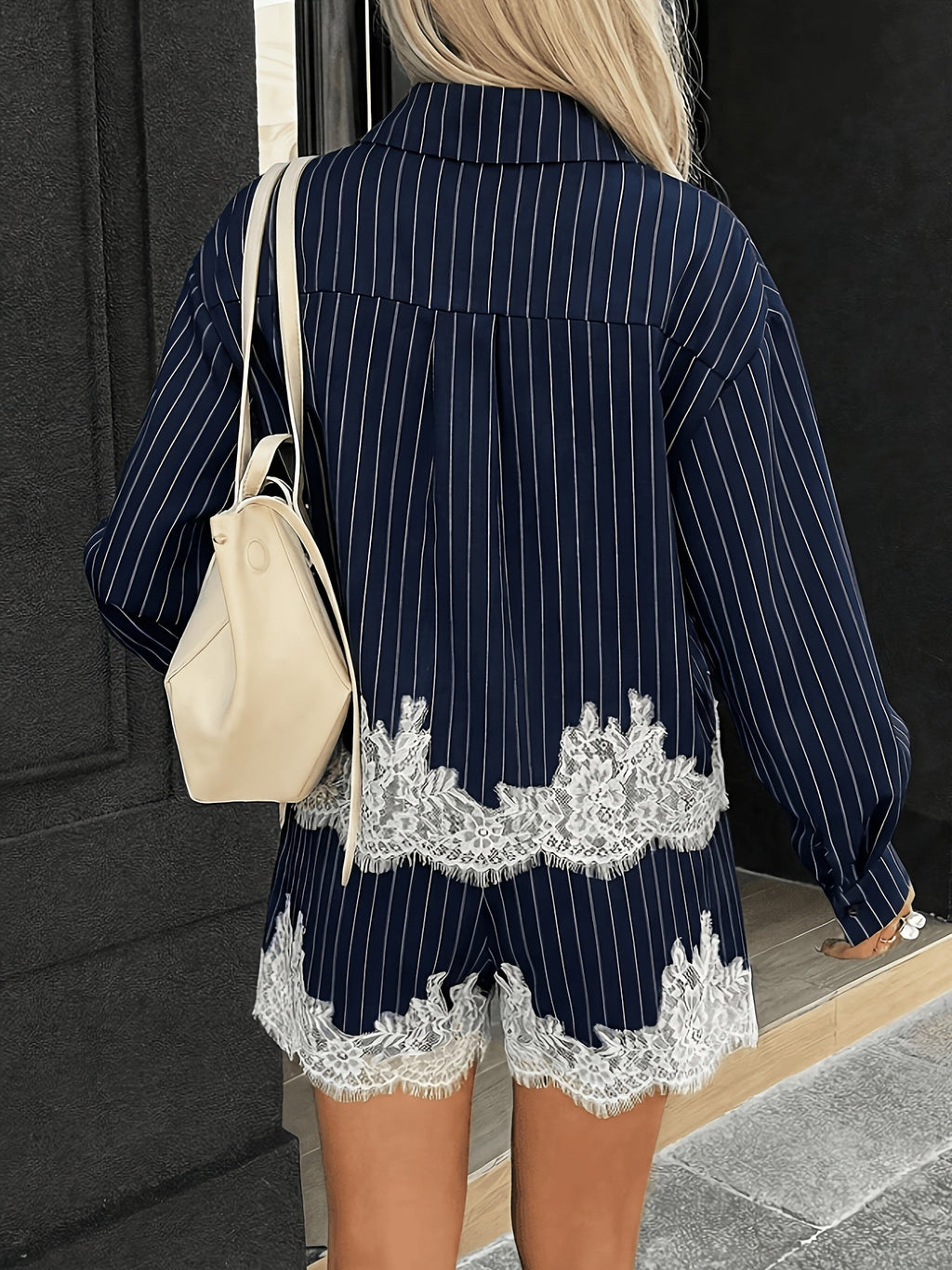 Lace Trim Patchwork Striped Shirt  Shorts Set